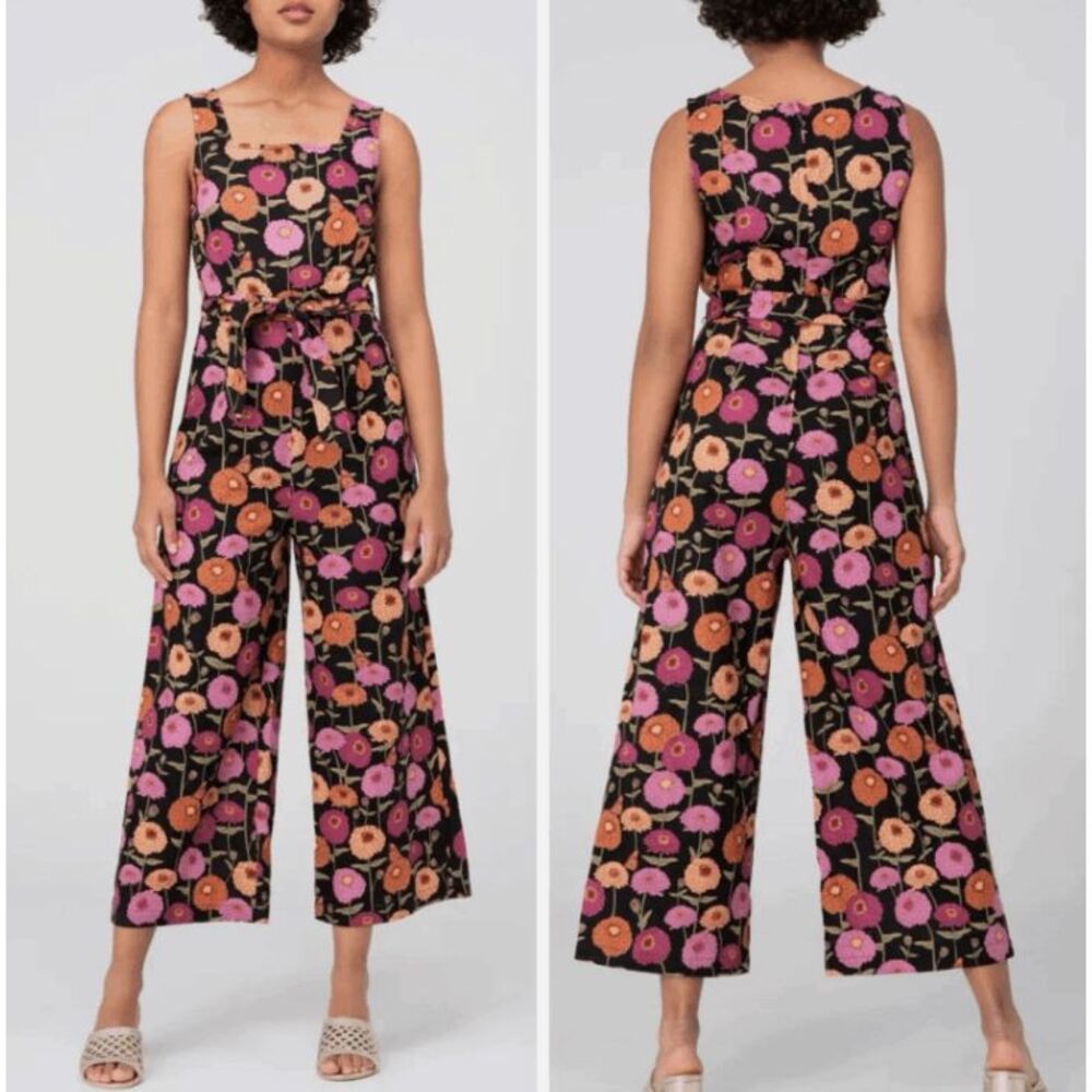Princess Highway Zinnia Flower Linen Blend Jumpsuit Black‎ Pink Pockets Size 6